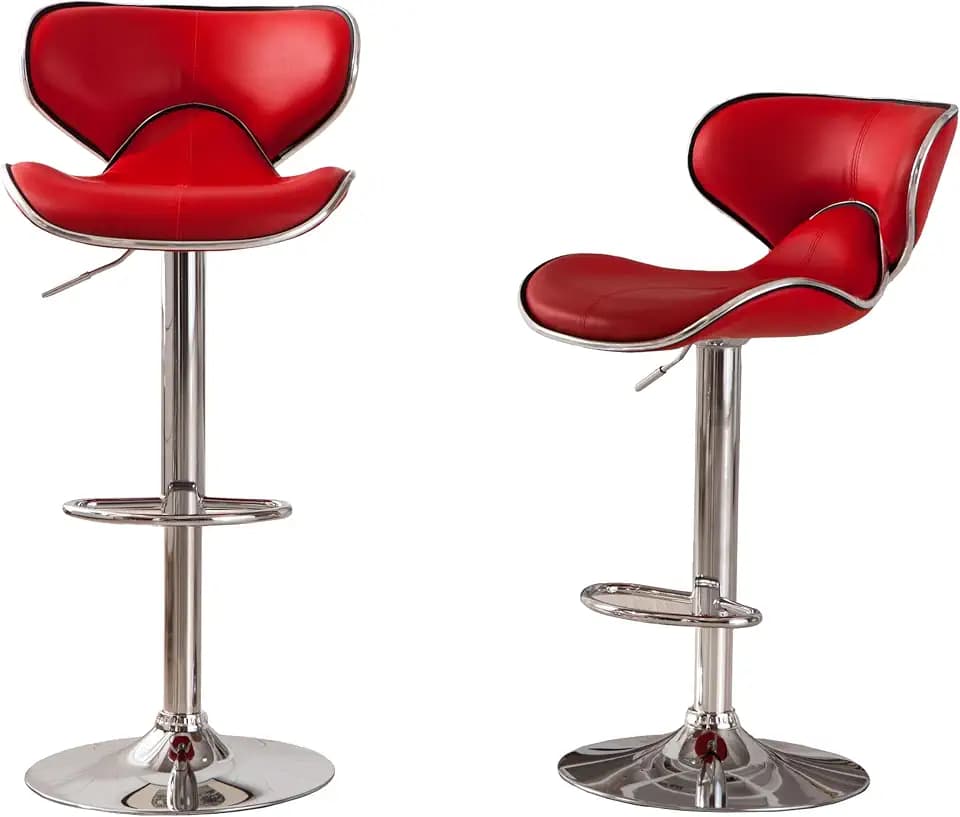 Roundhill Furniture Masaccio Cushioned Leatherette Upholstery Airlift Adjustable Swivel Barstool with Chrome Base, Set of 2, Red
