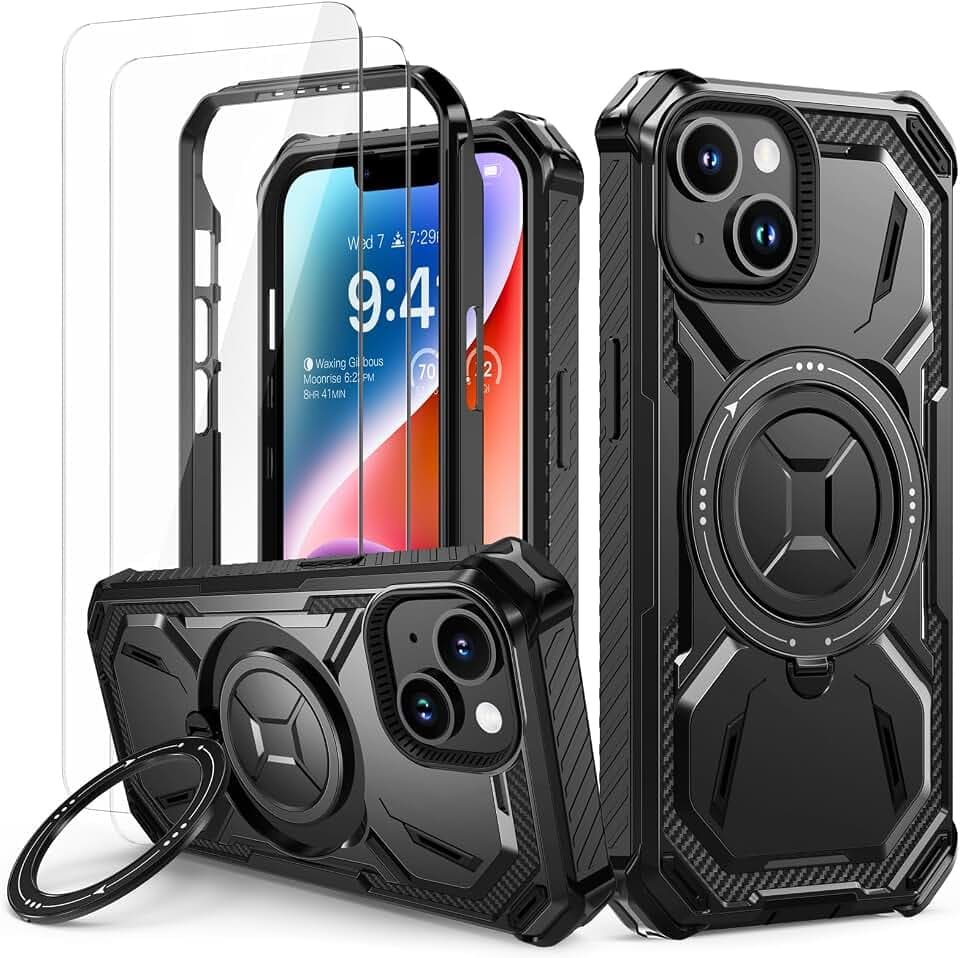 Lanhiem für iPhone 13/14 Hülle, 360° Ring Ständer, Stoßfest Armor, Schwarz