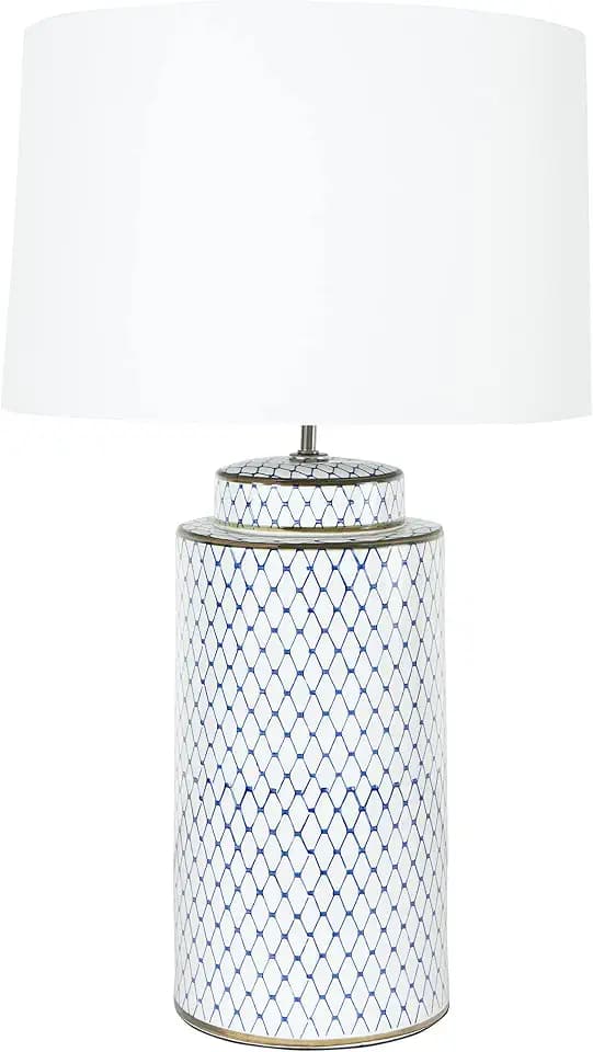 Creative Co-Op Ceramic Table Lamp with Linen Shade, Indigo and White