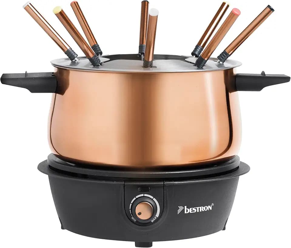 Bestron elektrische Fondue Set für bis zu 8 Personen, mit 8x Fonduegabeln & stufenlosen Thermostat, inkl. Spritzschutz, Farbe: Kupfer