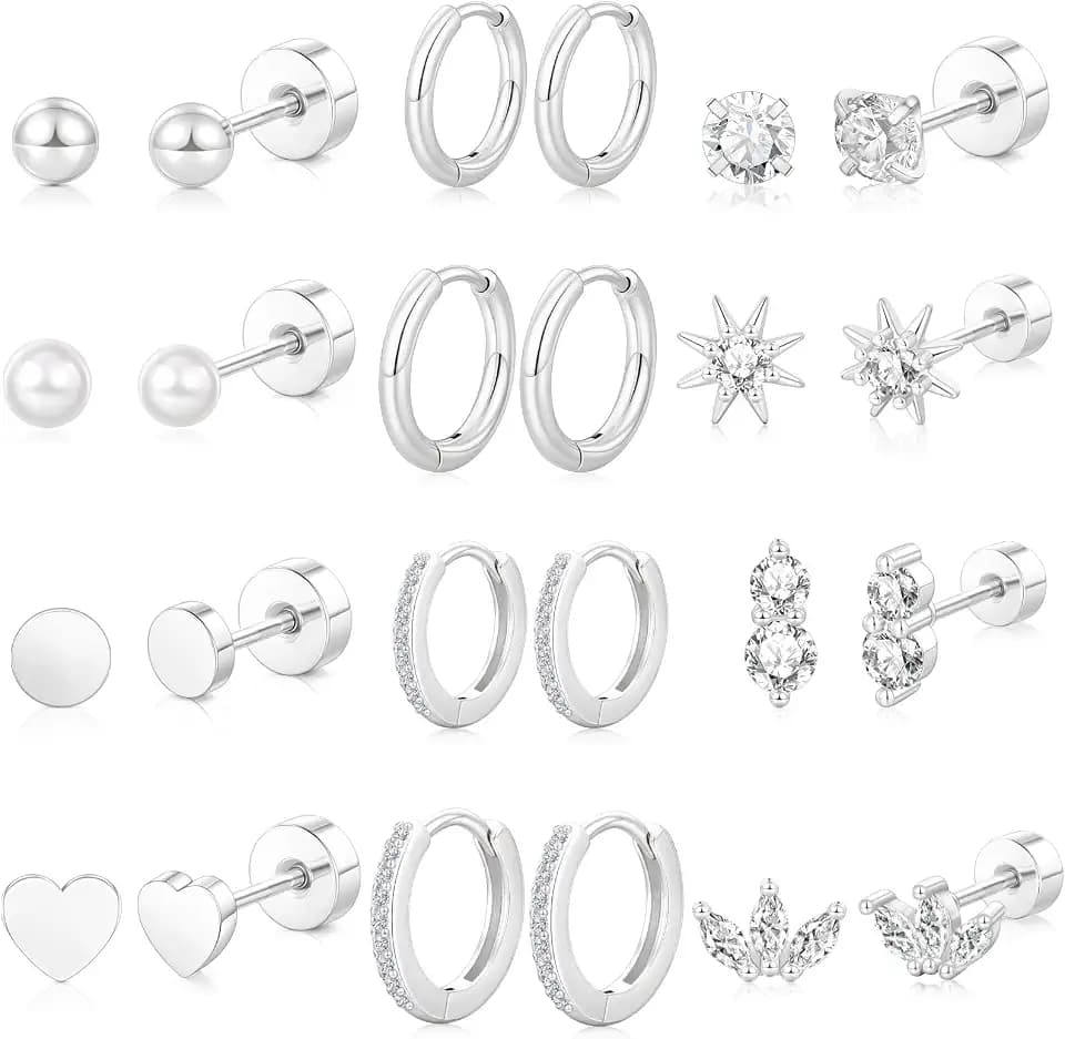 Hypoallergenic Flat Back Earrings for Women: 14K Gold Plated Surgical Stainless Steel Screw Flatback Stud Earrings Sterling Silver Small Huggie Hoop Earrings for Cartilage Earring Sets for Multiple Piercing