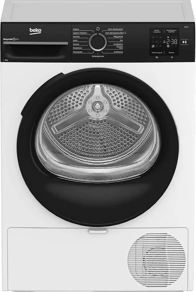 Beko BM3T39230W Wäschetrockner, 9 kg, Frontlader Wärmepumpentrockner, 15 Programme, Sensortrocknung, Säulenfähig, Aquawave Schontrommel, Weiß