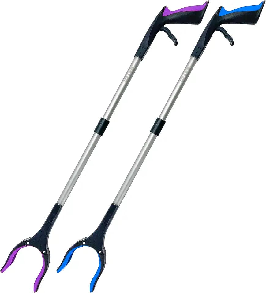 Reacher Grabber Tool 32 Inch 2-Pack, Foldable Trash Picker Grabber, Trash Gripper, Garden Nabber, Litter Picker, Extended Grabber（Purple/Blue)