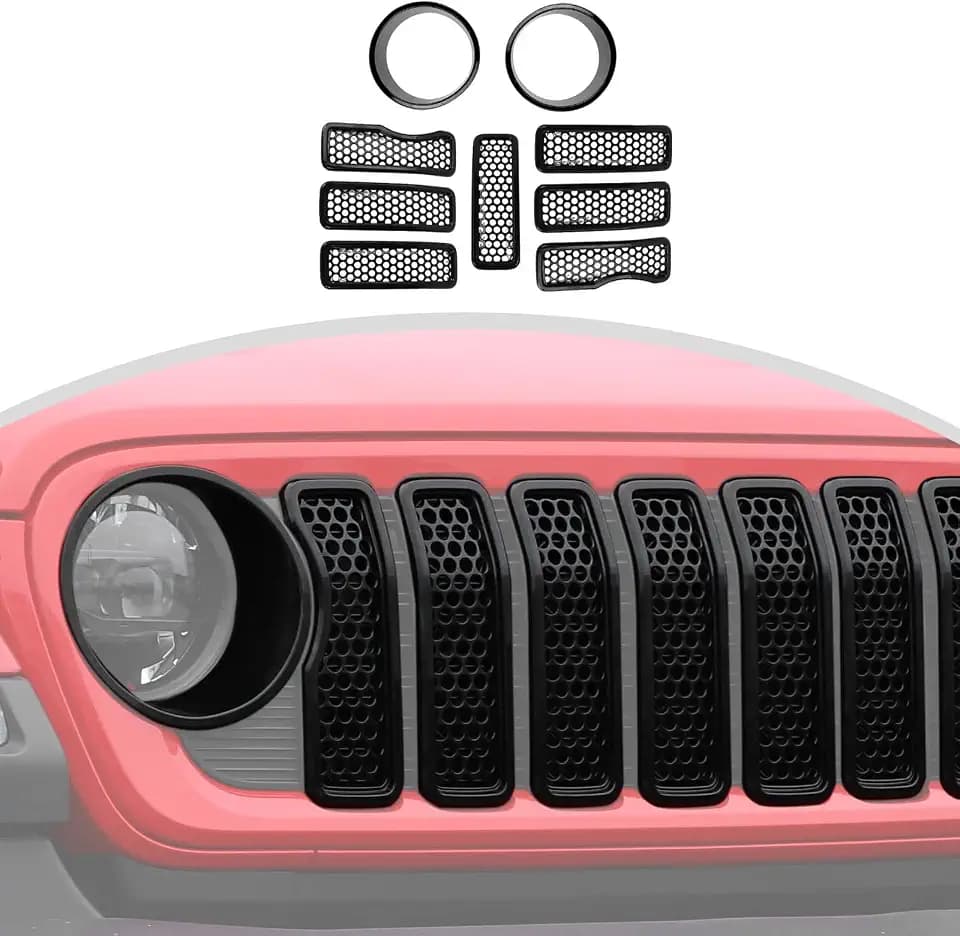 CheroCar for JL Mesh Front Grille Insert & Headlight Turn Light Cover Trim Exterior Accessories for Jeep Wrangler JL JLU & Gladiator JT 2024-2026