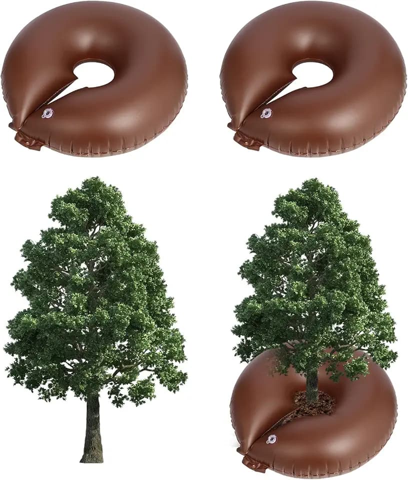 TezhiIe 2 Pack 25 Gallon Tree Watering Bags, Brown Reusable PVC Watering Donuts for Trees, Deep Root & Low-Profile Slow Release Watering Ring Bag, for Newly Planted, Multi-Trunk or Evergreen Tree