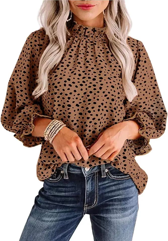 Avanova Women Leopard Blouse Ruffle Mock Neck Business Casual Tops