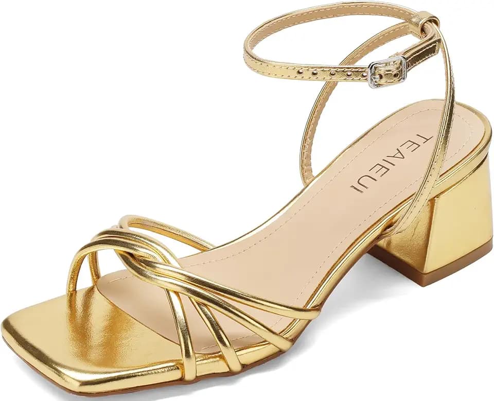 TEAIEUI Chunky Heels for Women, Square Toe Strappy Heeled Sandals, 2 Inch