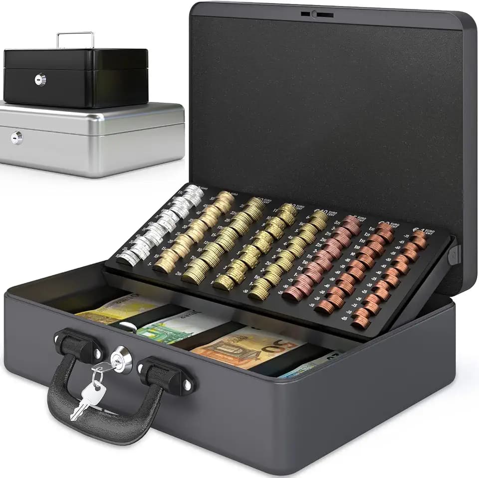 ACROPAQ Geldkassette abschließbar groß - (35,8 x 27,3 x 11 cm), Kasse mit Münzzählbrett, Premium Gehäuse, Mit 2 enthaltenen Schlüsseln, Silber - Geld Kassette zum Abschließen, Geldkasse, Kassa Box
