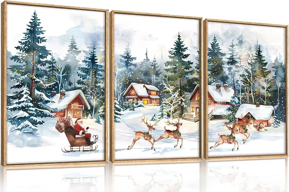 Christmas Santa Sleigh Deer Framed Canvas Wall Art Set -24"x36"x3