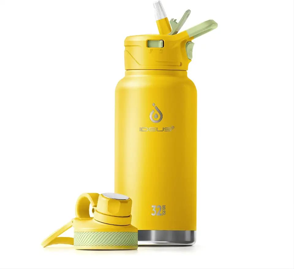 IDEUS 32oz Stainless Insulated Bottle with 2 Leak-Proof Lids, Bright Yellow