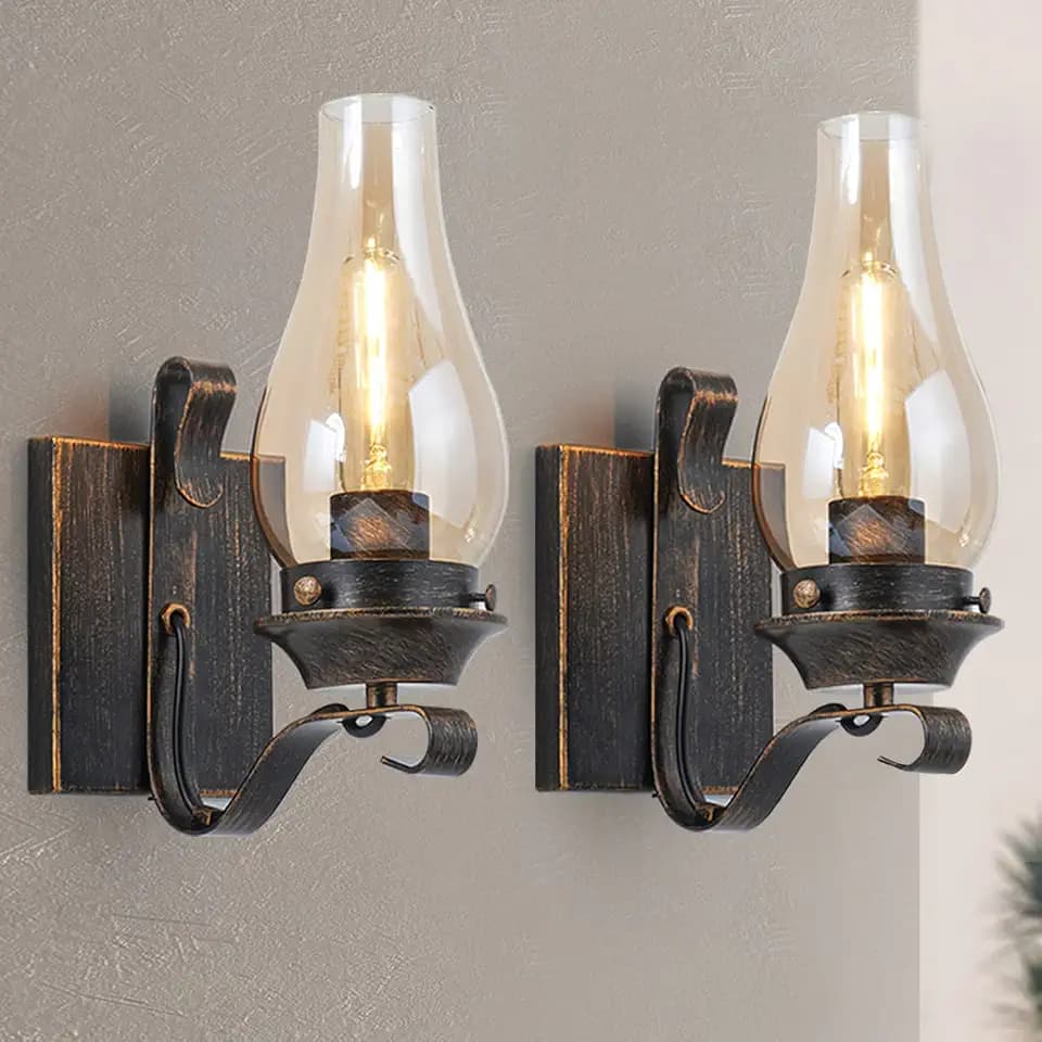 Yisuro Wall Sconces Sets of 2, Oil Rubbed Bronze Hardwired Wall Sconce Indoor, Retro Rustic Wall Lamps with Amber Glass,Vintage Bedside Sconces Wall Lighting for Living Room Bathroom