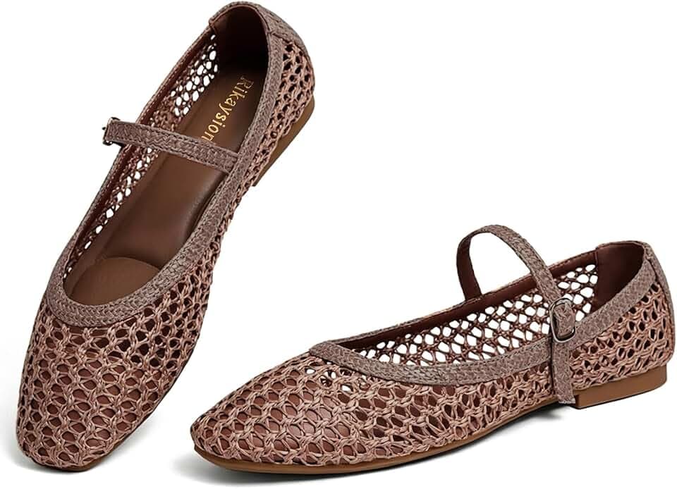 Women Mary Jane Woven Flats Square Toe Ballet Flats with Adjustable Strap