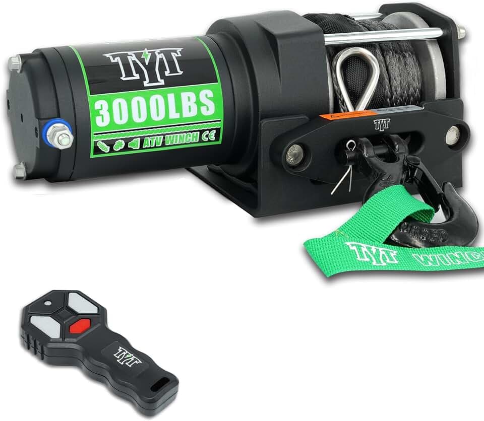 TYT 3000 lb ATV Winch with Wireless Remote and Wired Switch,12V DC Electric Winch Synthetic Winch Rope with Fairlead and Winch Mounting Plate