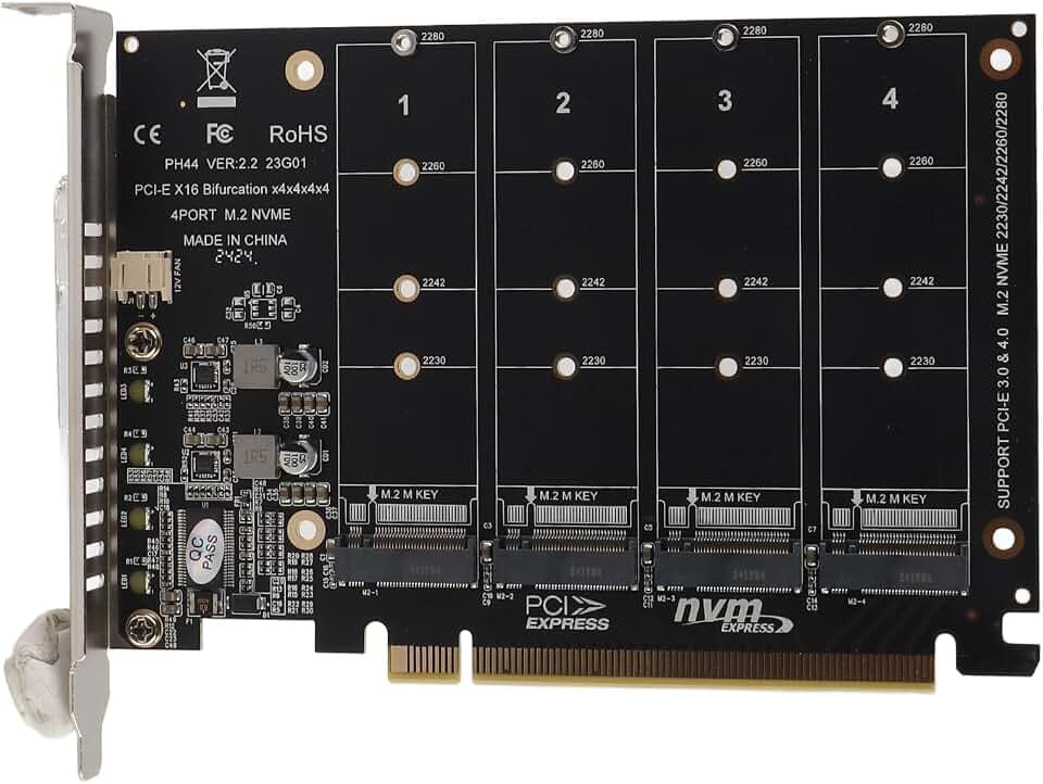 M.2 PCIe Adapter, 4 Port M.2 NVMe SSD to PCIE X16 M Key Hard Drive Converter Reader Expansion Card