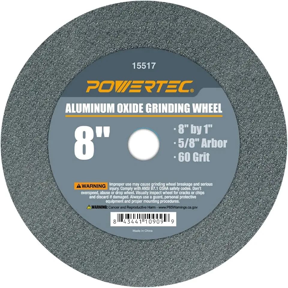 POWERTEC Bench Grinder Wheel 8 Inch 60 Grit, Aluminum Oxide Grinding Wheel for Bench Pedestal Grinder, 1" Thick 5/8" Arbor, Sharpening & Shaping Drill Bits, Blade, and Chisel 1PK (15517)