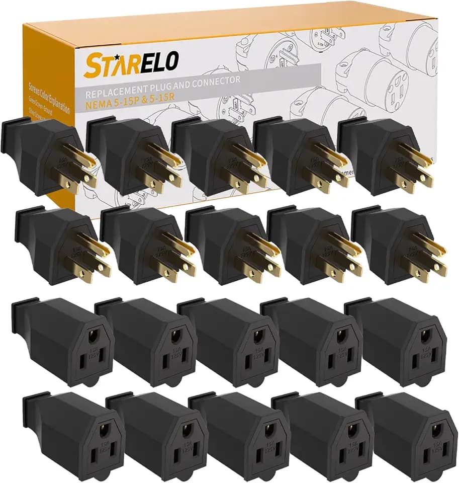 STARELO Extension Cord Ends 125V 15A 2Pole 3Wire Male Plug and Female Connector Straight Blade Plug Replacement Electrical Extension Cord End(Male & Female 10 Set)