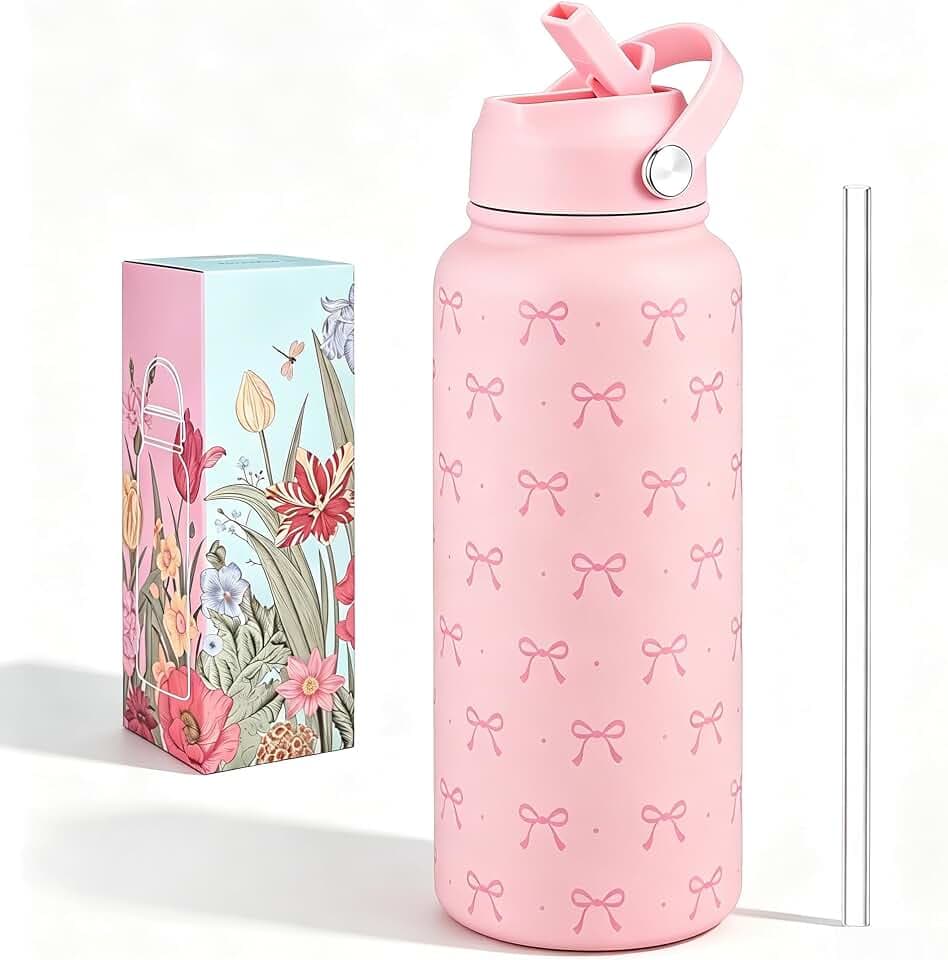Pink Bow Wasserflasche, 1 l, Edelstahl, isolierte Wasserflasche mit Strohhalm und Griff, Kälte- und Wärmeerhaltung, auslaufsichere Wasserflaschen für Schule, Fitnessstudio, Reisen, Geschenke für