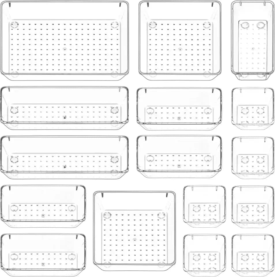 Puricon 16 Stück Schubladen Ordnungssystem Plastik Make-Up Organizer Antirutsch Schubladen Veranstalter Kunststoff Aufbewahrungsboxen für Bad Kosmetik Schminktisch Küche Büro Stiftablagen -Transparent