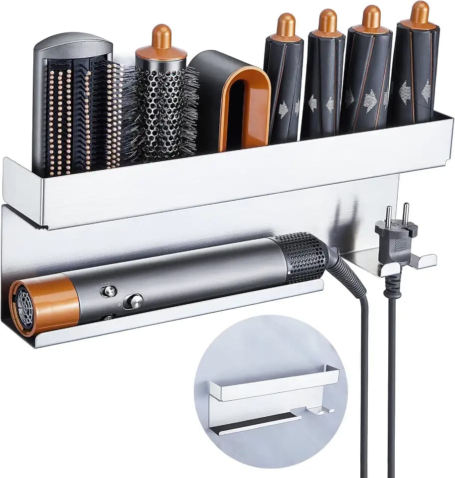 YYBO Föhnhalter Wand Ohne Bohren, Glätteisen Halterung, Föhn Halterung für Glätteisen Lockenstab Styler Zubehör Aufbewahrung, Fönhalter Wandhalterung, Fönhalterung Bad Lockenstabhalterung (Silber)