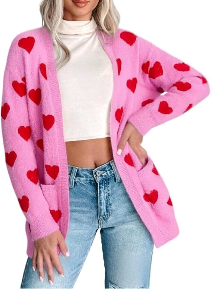 Women's Heart Knit Cardigan Valentines Long Sleeve Open Front Knitted Sweater Fall Spring Coat Tops Outwear