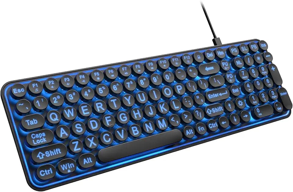 EDJO Large Print 7-Color Backlit Wired USB Keyboard with Retro Round Keys
