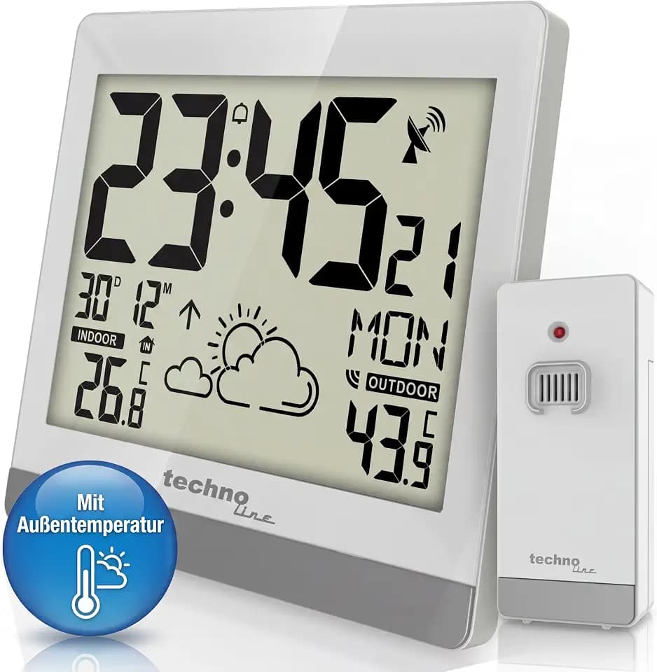 techno line WS 8119 Funkwanduhr mit Außensensor | DCF Funkuhr | Innen- und Außentemperatur | Wettervorhersage | Wecker mit Schlummerfunktion | großes LCD Display | Frostalarm | Wand- und Tischbetrieb