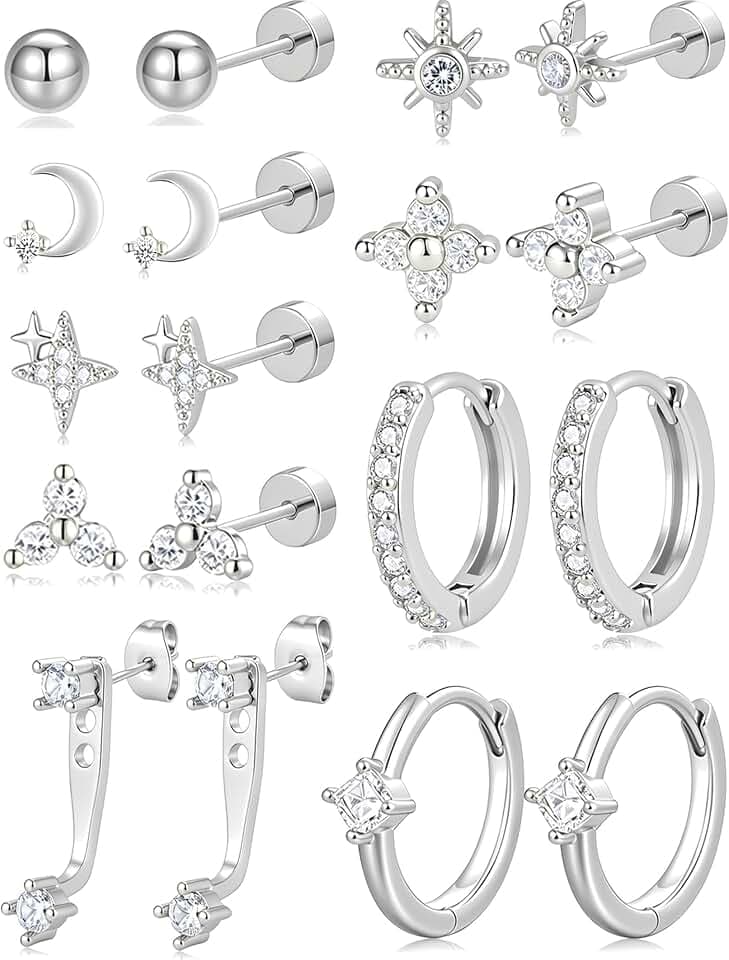 9 Pairs Gold Stud Hoop Earrings Set for Women CZ Star Moon Octagram Ball Flower Flat Back Earring for Multiple Piercing Cartilage Tragus Huggie Earring Stack Jewelry Gift Silver Gold Plated