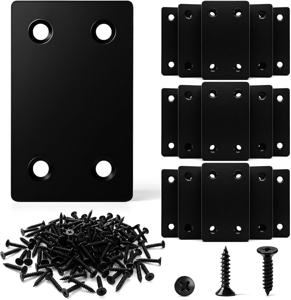 16 Pcs Metal Flat Straight Brace Brackets, Black Flat Stainless Steel Mending Plates for Wood Tables, Cabinets, Furnitures, Fences, 2.4 x 1.5 Inch Joining Fixing Brackets