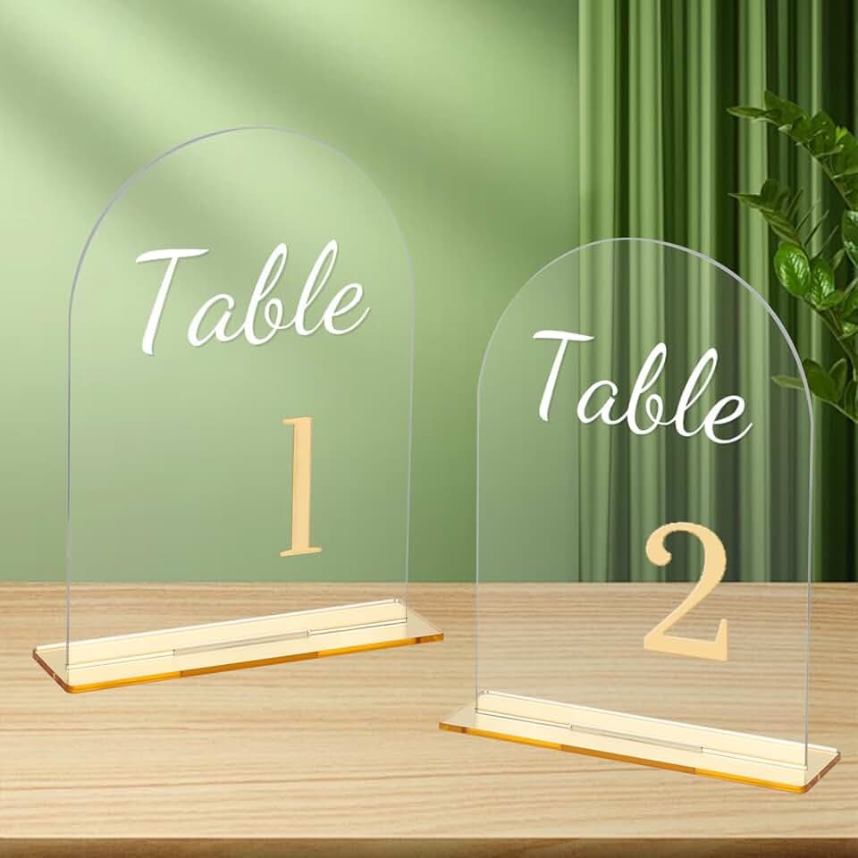 20er Set Hochzeit Tischnummern Acrylschilder, Transparentes Bogen Tischnummernschild mit Standfuß,1-20 Goldene Zahlen Tischnummern für Hochzeiten, Jubiläen, Partys