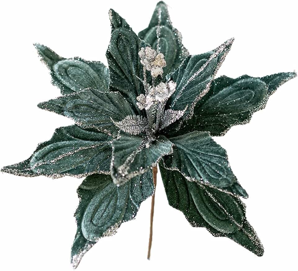 6 pcs Christmas Poinsettia Artificial Glitter Flowers Ornaments Picks 11" for Christmas Tree Wreath Garland Xmas New Year Decoration (Green)
