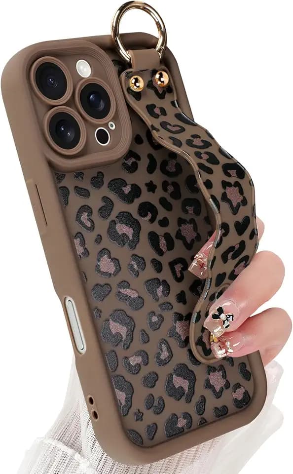 Cute for iPhone 16 Pro Max Case with Strap Stand, Brown Leopard 2