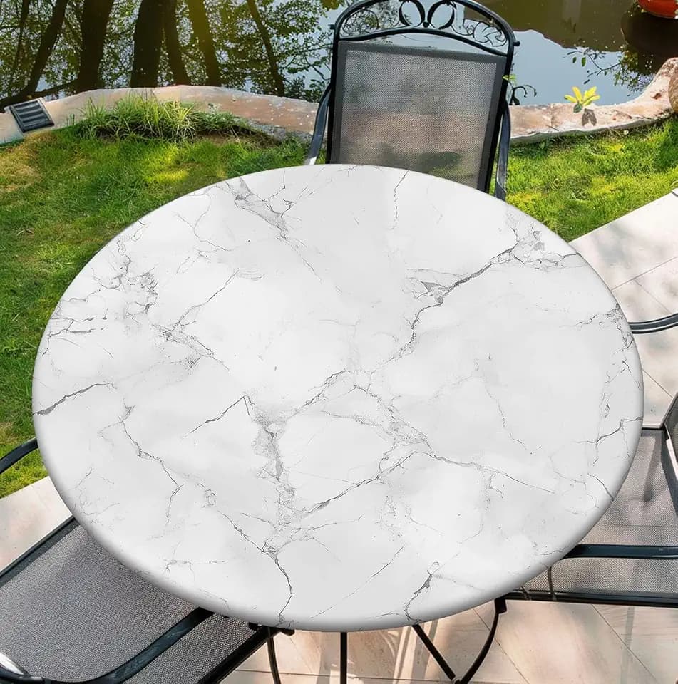 Round Tablecloth with Elastic Edge, 36-60Inch Waterproof Table Cloth for Dinner, Outdoor, Picnic, 60inch, White Marble