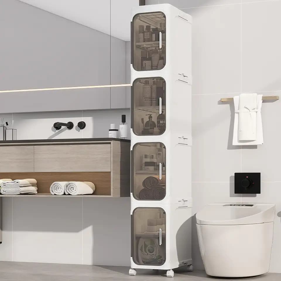 4 Tier Slim Bathroom Storage Cabinet, Foldable and Movable, White