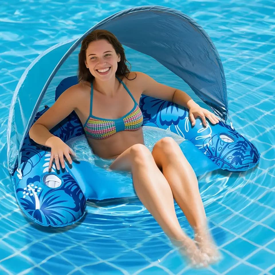 Inflatable Fabric Covered Pool Float Adult with UPF50+ Sunshade Canopy & Cup Holders,Large Water Lounger Float Recliner Chair for Pool Party Lake Beach