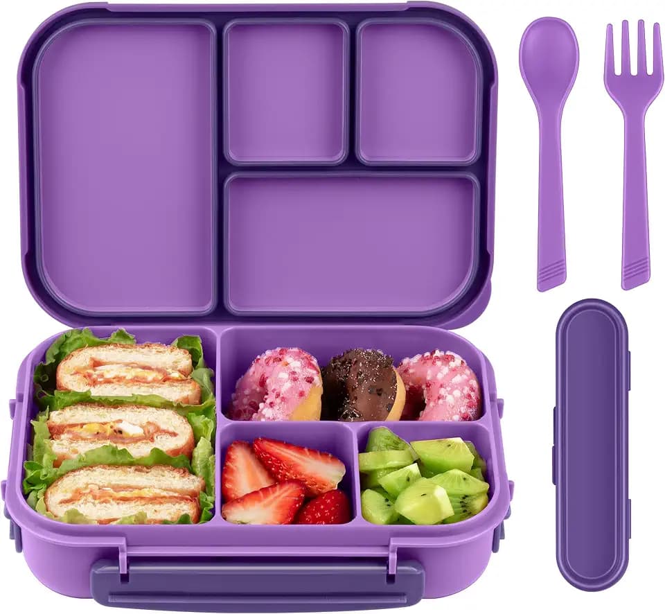 Amathley Brotdose Kinder mit FäChern,Bento Box Kinder,Brotdose Erwachsene,1200ml Lunchbox mit 4 FäChern und Besteck,Mikrowellen und SpüLmaschinenfest,BPA-Frei und Wiederverwendbar (Lila)