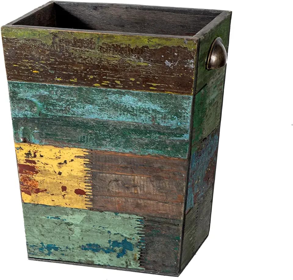 TIMRIS Small Wood Trash Can Wastebasket, Farmhouse Rectangular Garbage Can Waste Basket, Rustic Distressed Boho Wooden Trash Recycling Bin with Metal Handles, Reclaimed Wood Storage Basket (Random)
