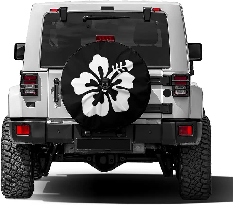 White Hibiscus Flower Spare Tire Cover with Backup Camera Hole Wheel Tire Cover Fit Trailer, RV, SUV and Many Vehicle 17inch