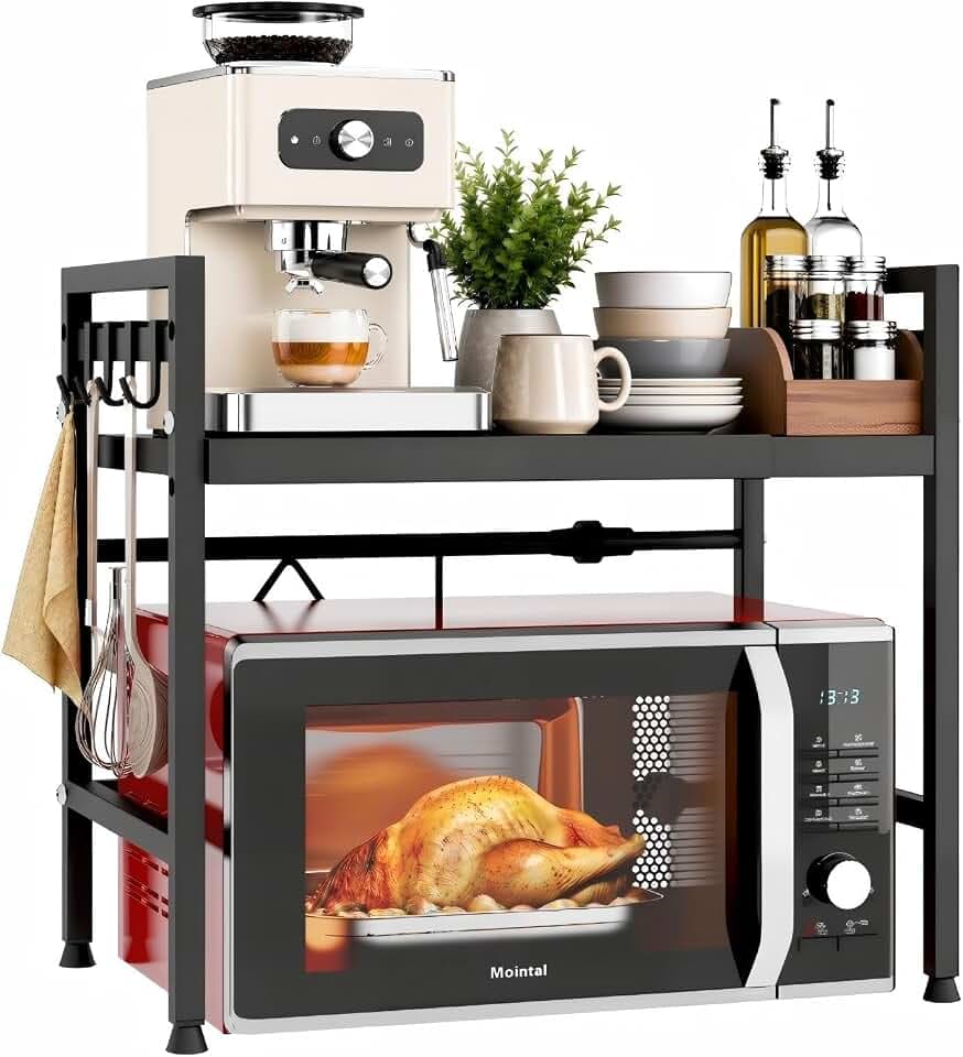 Verstellbares Mikrowellenregal, 2-Stufig Erweiterbares Küchen Mikrowelle Ständer Regal, Mikrowellenhalter aus Kohlenstoffstahl, Küchenaufbewahrung Organizer mit 8 Haken, Schwarz