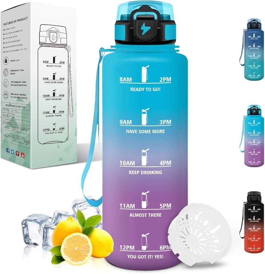 Motswedi Trinkflasche 1.5L, Sportflasche mit Zeitmarkierung und Filter, Trinkflasche Kohlensäure Geeignet, Auslaufsicher, Wasserflasche 1.5 Liter, für Wandern, Fahrrad, Gym, Camping, Blau & Lila