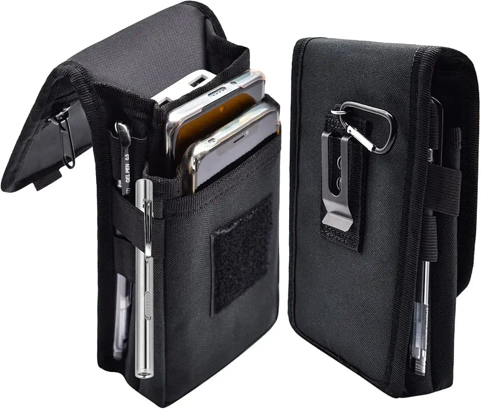 Dual Phone Holster, Large Smartphone Pouch, Belt Cell Phone Holder for iPhone 16/15/14 Pro Max & Samsung Phones, Compatible with Power Bank, for Work, Hiking, Camping, Barbecue, Rescue (L)