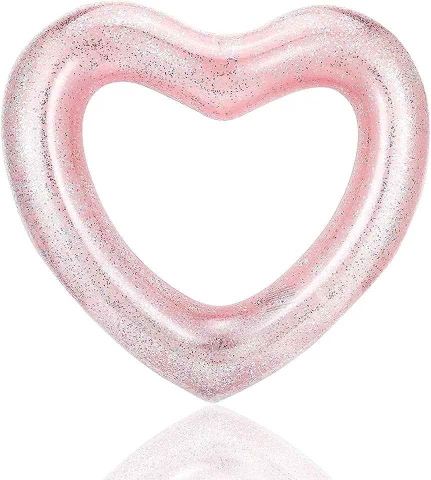 Herz Glitzer Schwimmring Schwimmreifen Aufblasbar Ring 90cm für Kinder Erwachsene,PVC Durchsichtig Pool Ring Aufblasbar Schwimmen Ring für Frauen Mädchen Schwimmbad Wasser Spielzeug Party Zubehö