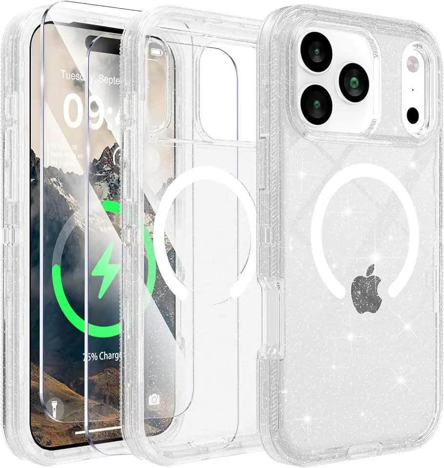 TUTUKII Magnetic for iPhone 18/17 Pro Max Case, Heavy Duty - Clear Glitter, 6.9"