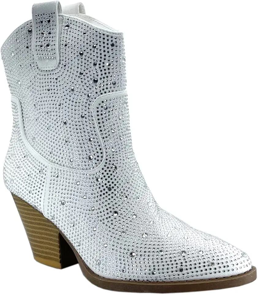 ABSOLEX Women Western Cowgirl Cowboy Pointed Toe Rhinestone Ankle Booties