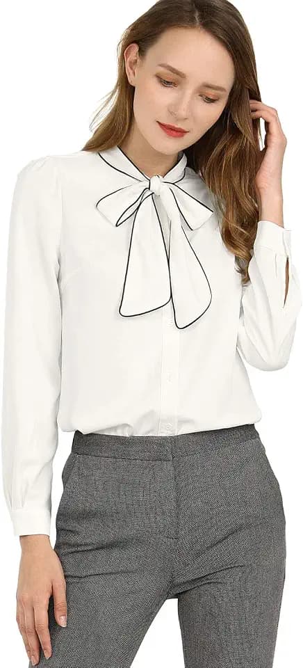 Allegra K Womens Work Blouse Tie Neck Long Sleeve Business Casual Tops
