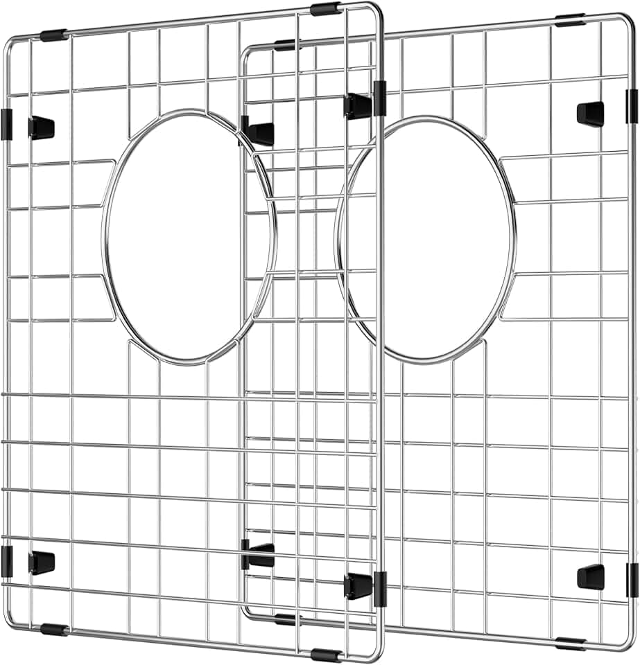 2 Packs of Sink Racks,Sink Protectors for Kitchen Sink,Stainless Steel Sink Grids for Bottom of Sink 13"W x 15"L,Metal Sink Grates with Strainers,Rear Drain for Double Bowls with Corner Radius