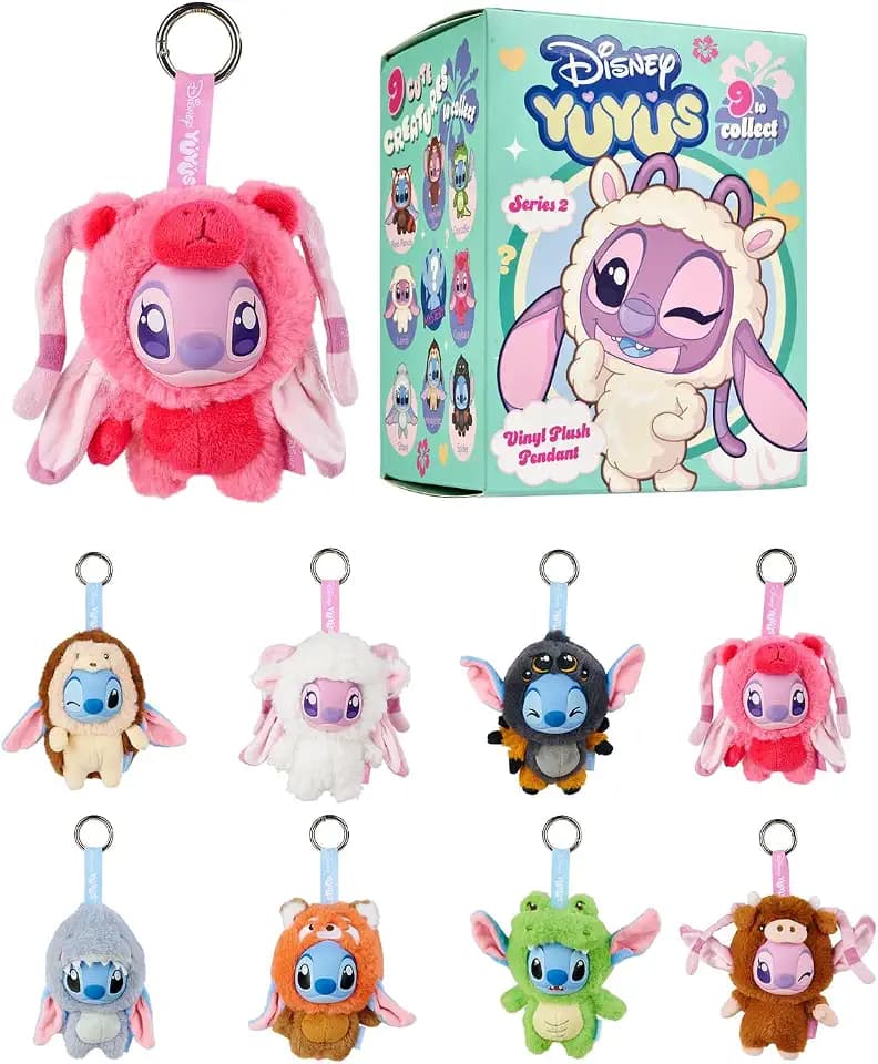 Disney YuYus Stitch & Angel Wave 2 – Plüsch-Vinyl-Charms im Blindbox-Format, Bag-Charm-Trend, 9 tierische Designs wie Igel oder Schaf, Karabiner, Überraschungsfigur, ca. 12 cm, für Kinder & Fans