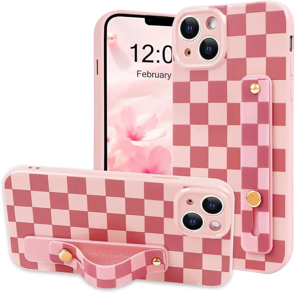 NITITOP for iPhone 13 Case with Strap Plaid - Pink