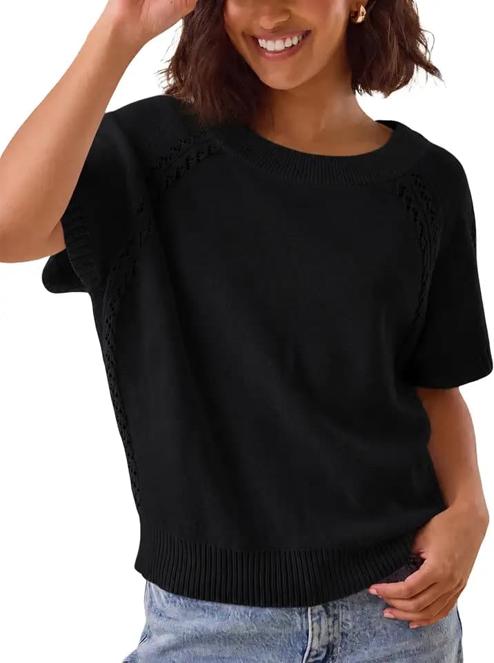 Yeokou Women Knit Crochet Top Short Sleeve Crew Neck Loose Fit Pullover Sweater Summer Fall Fashion Casual Knitted Blouse