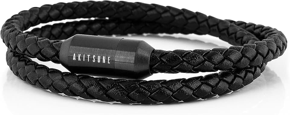 Akitsune Suprema Magnetisches Lederarmband | Armschmuck Damen Herren Edelstahl Doppelt Gewickelt Armband Mattschwarz