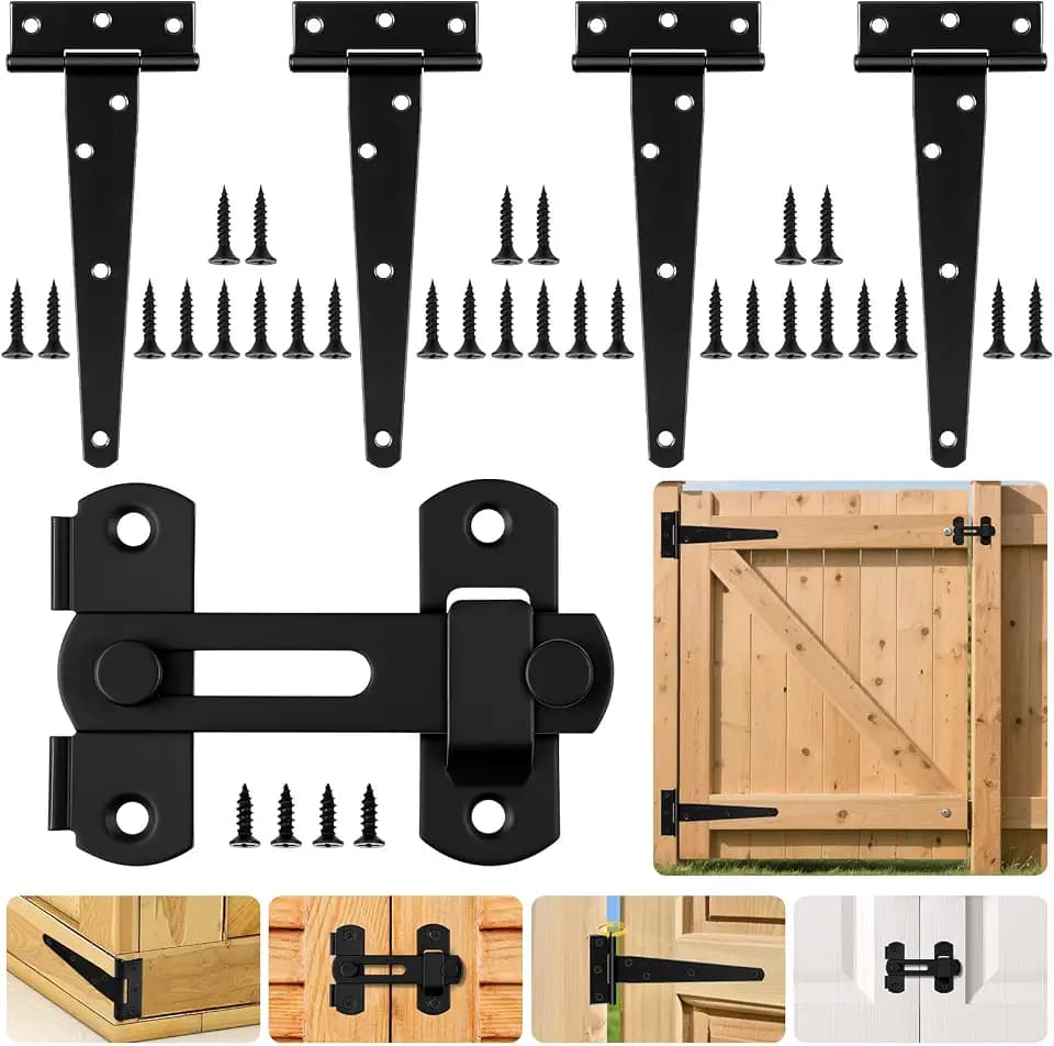 HOTUT T-Scharniere Schwerlast, 4 Stück 150mm Scharniere Klappbar T-Förmige und 1 Türriegel mit 32 Schrauben, Dreieck Türscharniere Verzinkt für Schuppentüren, Gartentüren, Fenster - 6”
